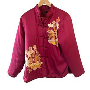 Womens Satin Chinese Jacket Dragon Design 100% Silk Size Large Red Artsy City